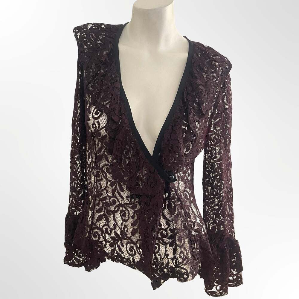Women's See Through Floral Lace  Top Sexy Deep V Neck Flared Arms